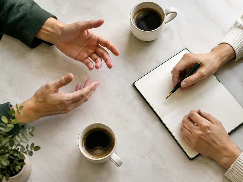 Handen van twee mensen in gesprek aan tafel, met koffie en een notitieblok