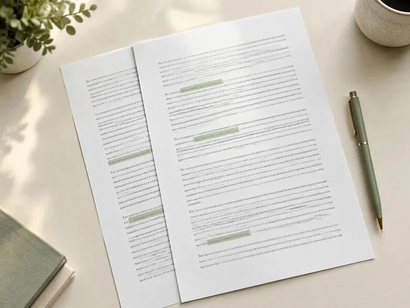 Uitgeprinte tekst met gemarkeerde woorden en een pen ernaast