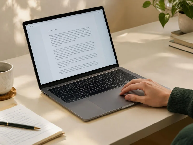 Een hand op het touchpad van een laptop met een tekstdocument