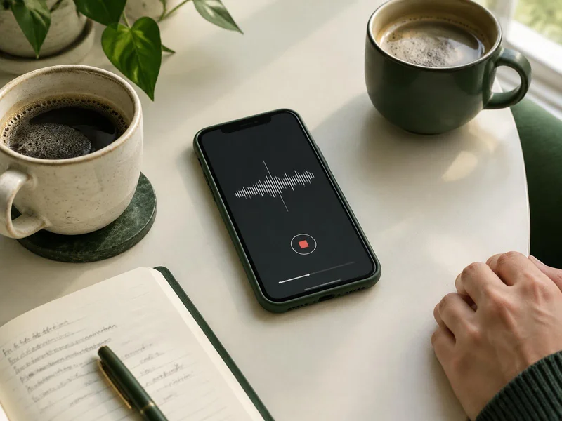 Een telefoon op tafel met een neutrale opnamegolfvorm, koffie en notities