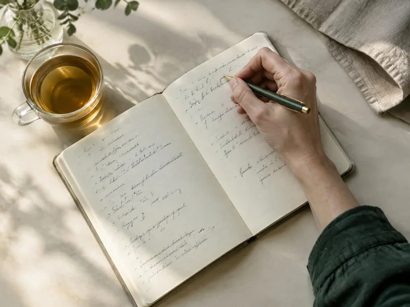 Een hand schrijft in een notitieboek naast een kop thee